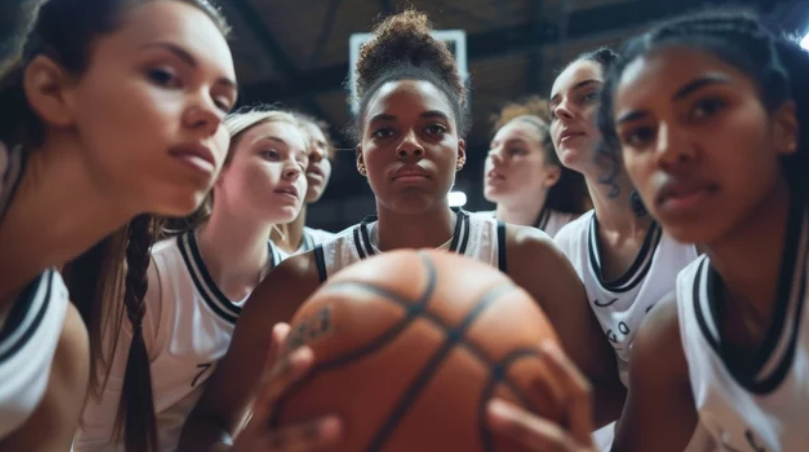 Women's basketball team huddle